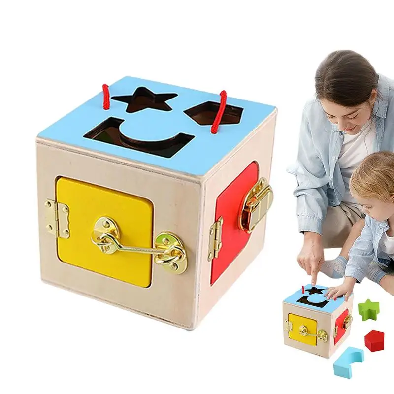 

Wooden Lock Toy Geometry Key Open Lock Wood Toy Shape Sorter Different Doors Various Locks Helps Develop Problem-Solving Skills