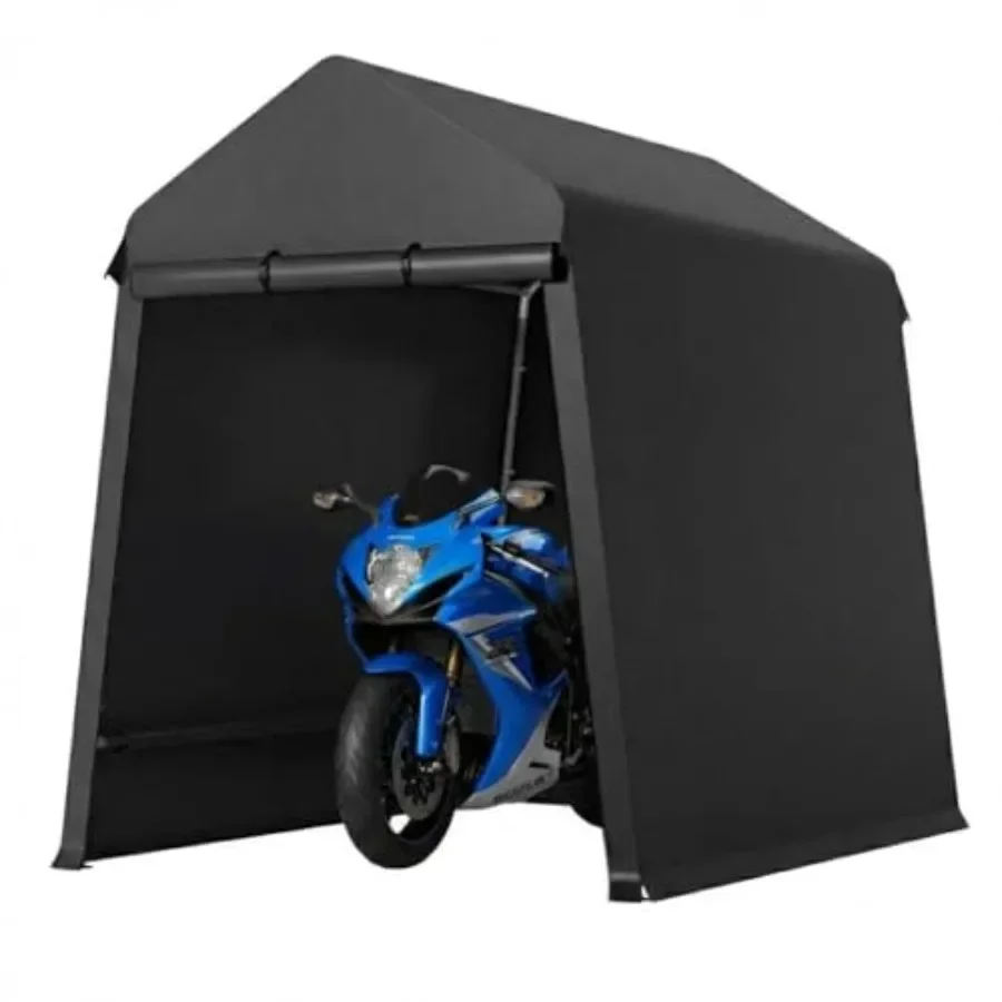 6X8Ft Motorcycle Carport for Outdoor Storage, Heavy-Duty Black Polyethylene with Zipper Door Vent, Waterproof UV Resistant