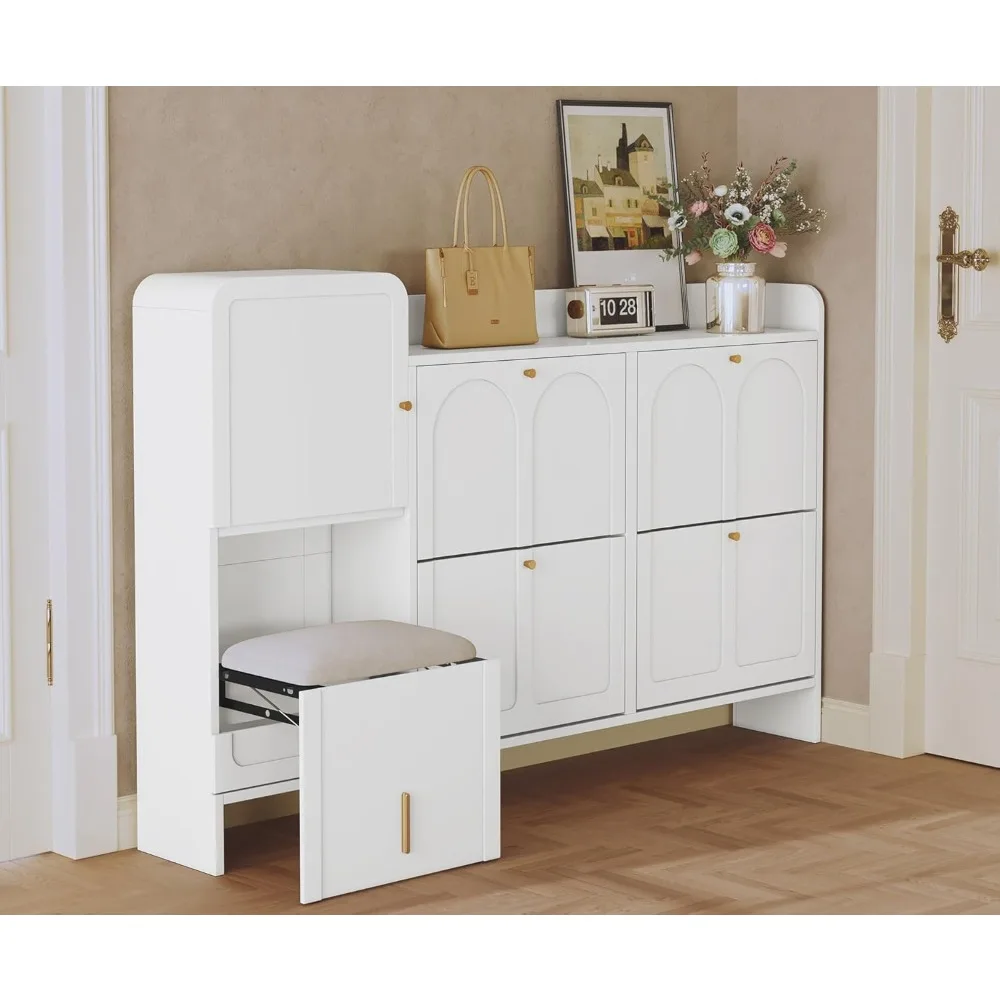 Contemporary Shoe Storage Cabinet with 4 Drawers, Spacious Shoe Organizer with Hidden Seat and Adjustable Shelves, Wooden Shoe R