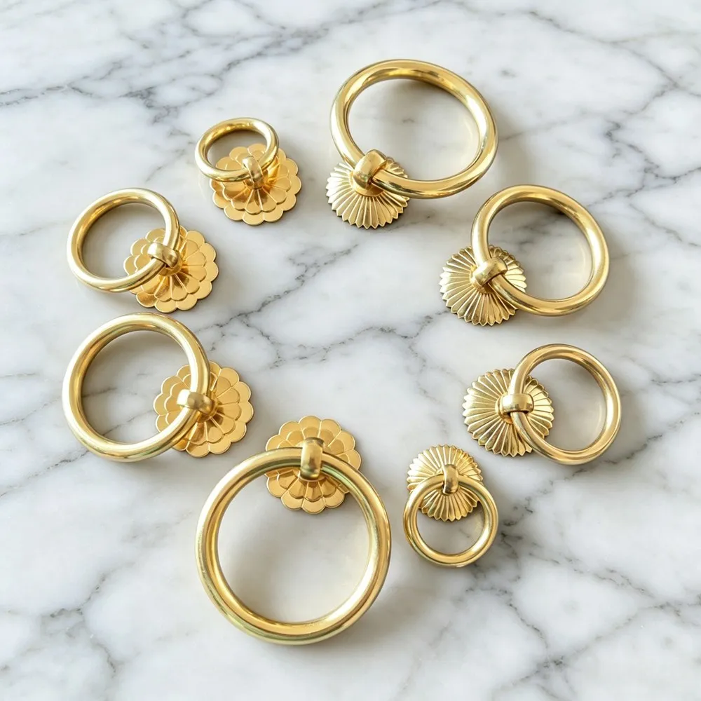 2Pack Solid Brass Kitchen Cabinet Ring Pulls Gold Drawer Dresser Knobs Wardrobe Handles