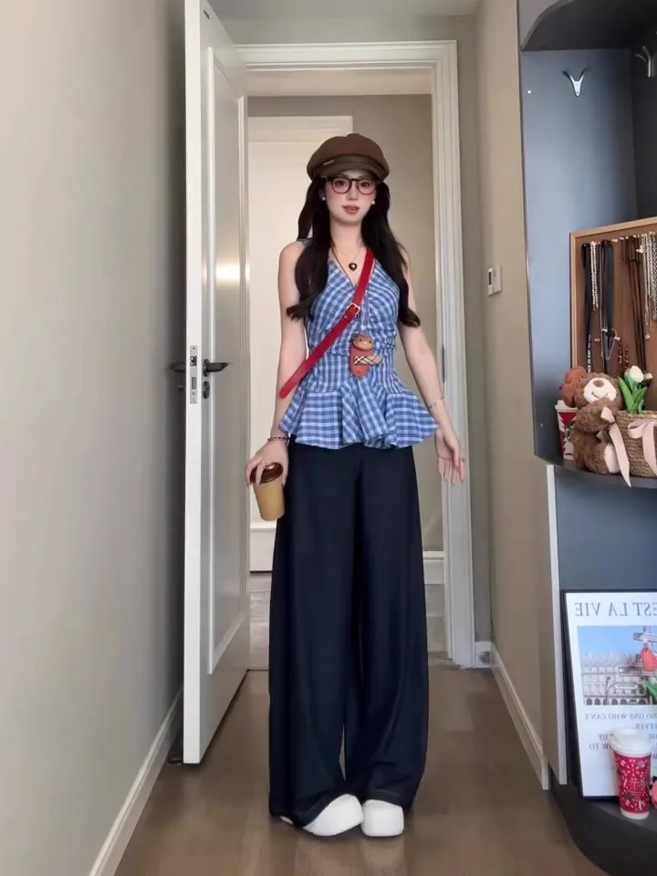 Sweet Fre Plaid V-ne Gilet Top Vita alta Dimagrante Denim Pantaloni a gamba larga Sli Faion Set Abito casual estivo da donna