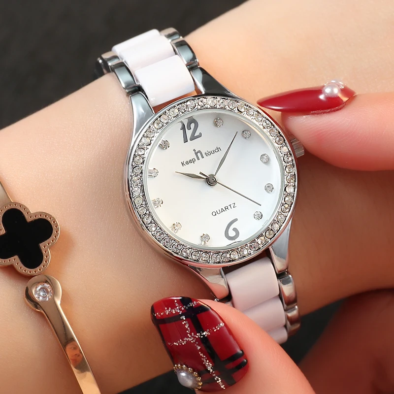 Women\'s Wristwatch Fashion Rose Gold Resin Ceramic Rhinestone Quartz Watches Woman 2024 Girl Ladies Clock