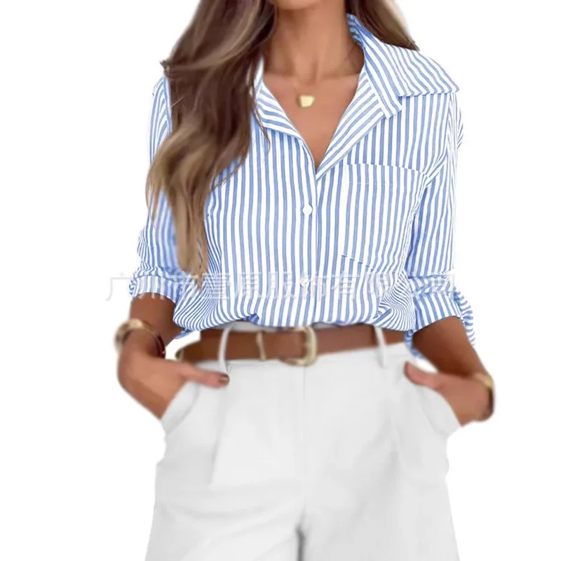 

European and American women's clothing 2025 spring and summer new lapel vertical striped long-sleeved shirt button-up shirt top