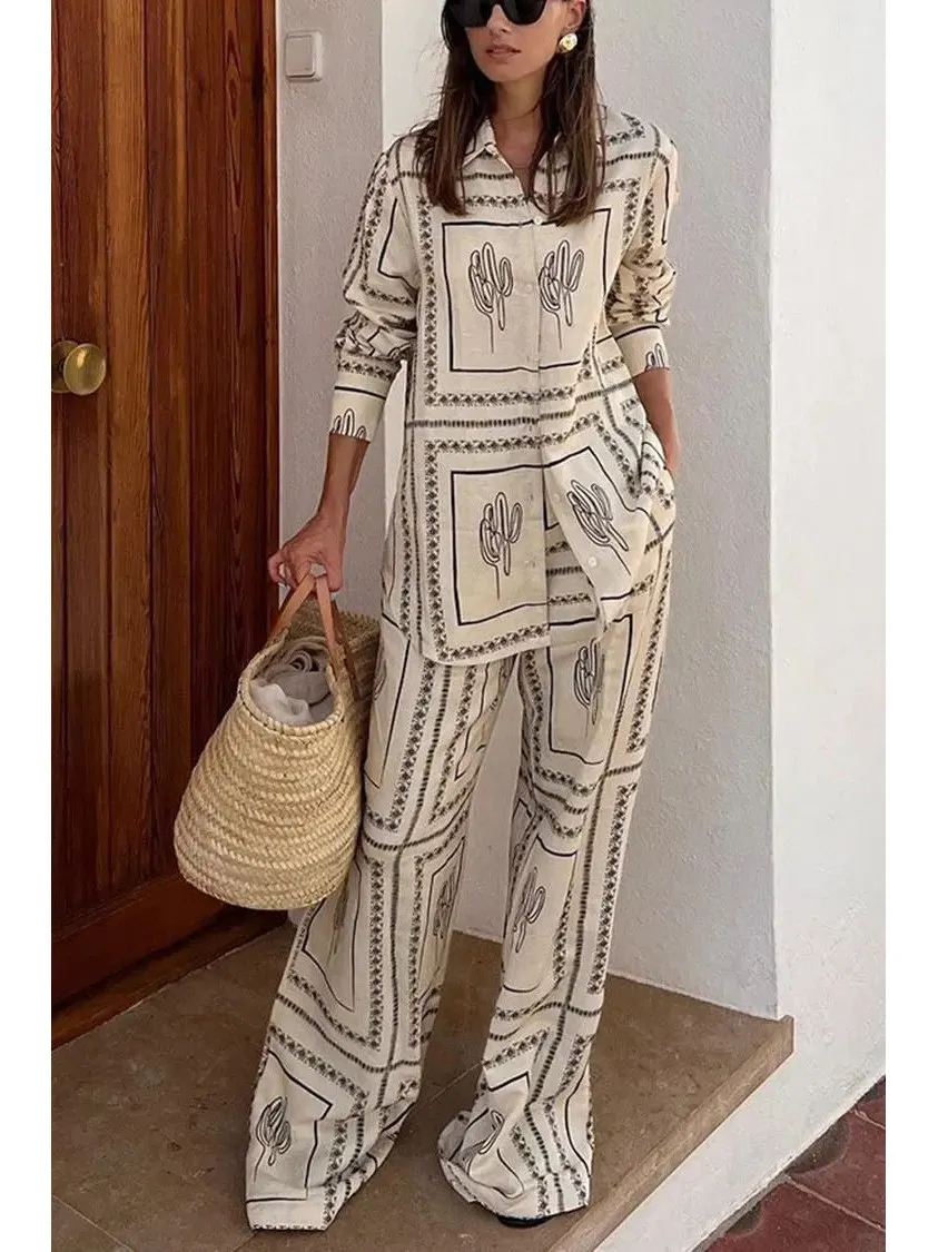 

Long Sve Printed irt And Pants Set Casual Sportswear Polyester Fiber Two-Piece Suit for Women in Their Late Twenties