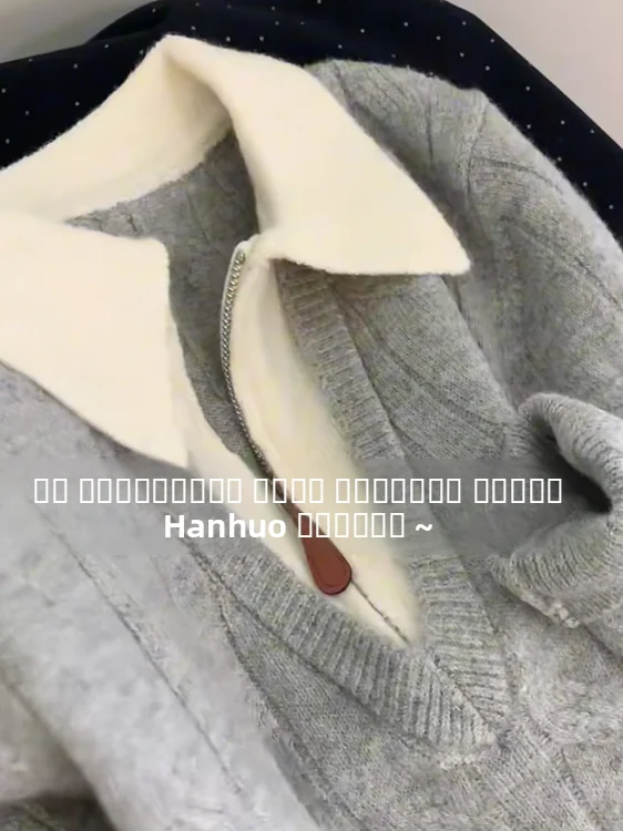 Maglione lavorato a maglia coreano con colletto a maniche colorate Autunno Inverno da donna Nuovo pigro semplice Agel abbinato a tutte le maglieria