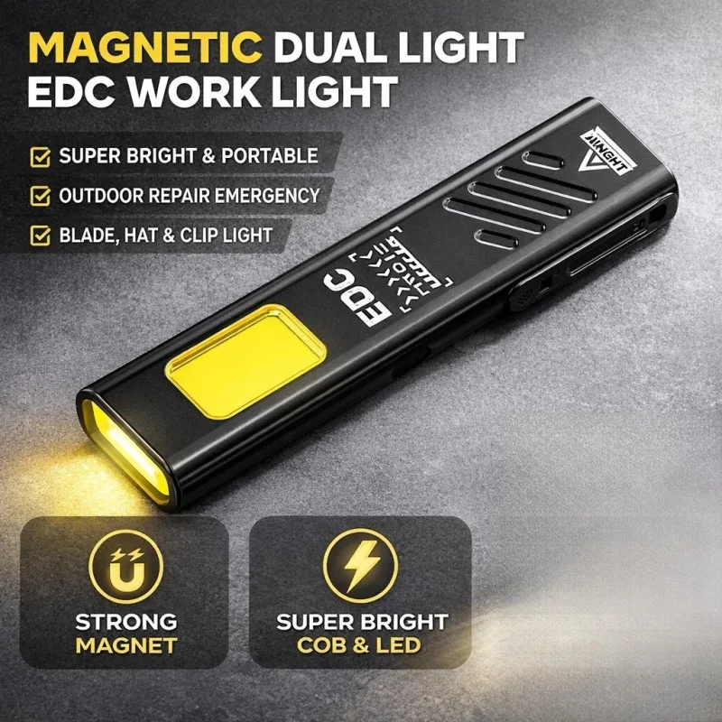 

Magnetic Dual Work Light Portable Rechargeable Strong EDC Flashlight Outdoor Emergency Repair Tool with Hat Clip Design