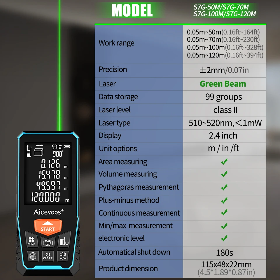 Aicevoos-Green Beam Digital Laser Rangefinder, Laser Light Green, Medidor de distância, Trena fita métrica Laser, Roleta, 50m, 70m, 100m, 120m