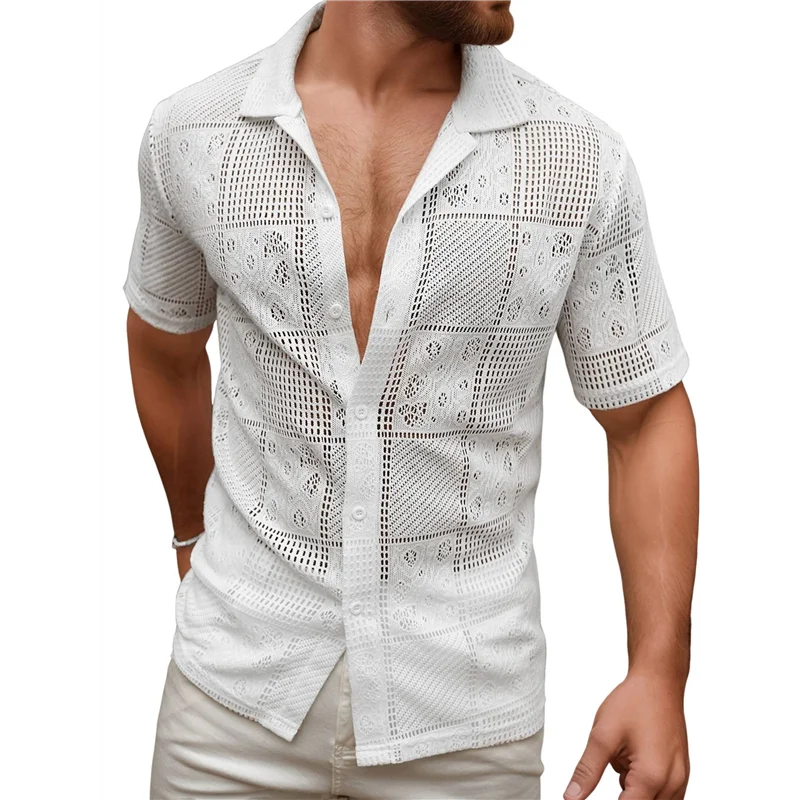 

ABRT-Men's Knit Button Down Shirts Short Sleeve Vintage Shirt Casual Summer Beach Shirts