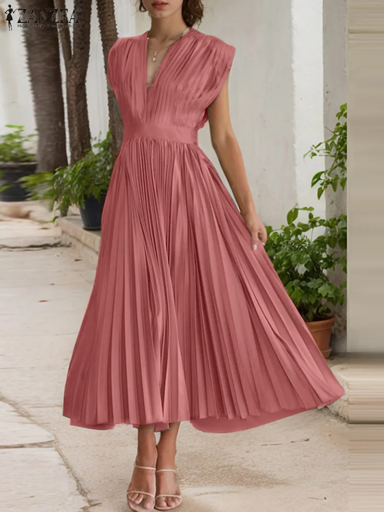 ZANZEA Donne Pieghettato Veste Femme Estate Con Scollo A V Senza Maniche Elegante Partito Abiti Lunghi A Vita Alta Alla Moda Una Linea di Abiti