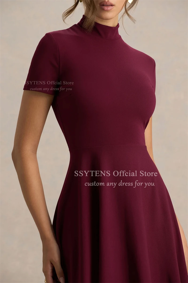 SSYTENS 겸손한 부르고뉴 크레이프 이브닝 드레스 간단한 짧은 소매 댄스 파티 드레스 하이 넥 공식 행사 댄스 파티 드레스 맞춤형