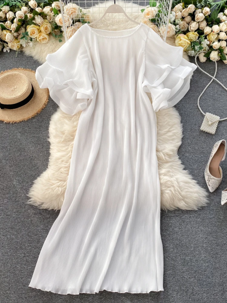 Korean Style Pleated Dress Women Fashion 3D Double Layer Ruffled Sleeves Loose Mid Length Dresses Summer Casual Long Dress