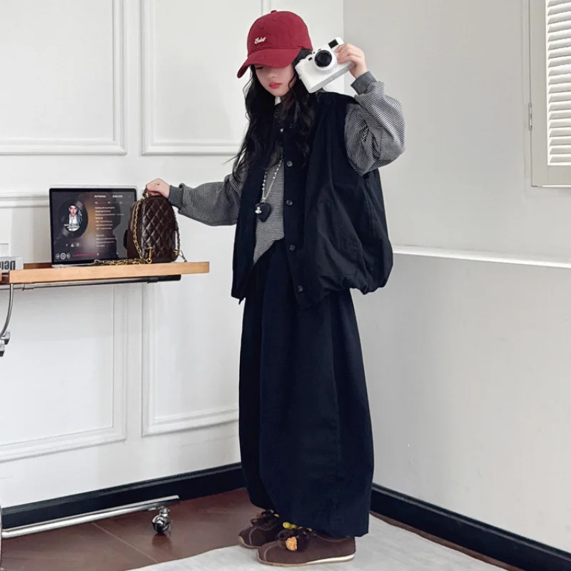 

Детский комплект из 3 предметов для девочек, осенняя полосатая майка + однобортный жилет + свободные штаны-шаровары, комплекты для маленьких девочек, повседневный костюм для девочек