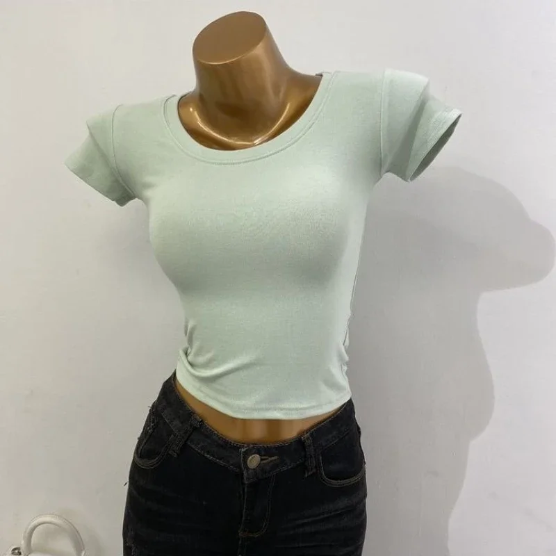 Wholesale Summer Women Crop Tops O Neck Short T Shirts Short Sleeve Solid Basic Slim T Shirt High Strecth Tight Female Top