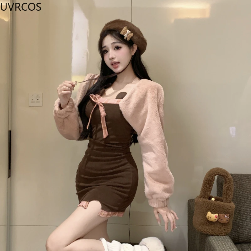 Autumn Winter Kawaii Lolita 2 Piece Set Women Sweet Short Plush Coat Sexy Slim Bow Bodycon Dress Suit Female Korean Outfits 2024