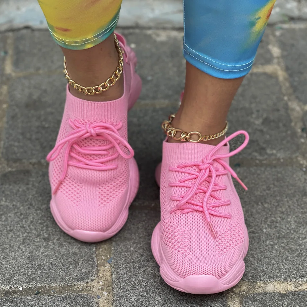 Zapatillas de deporte planas informales para mujer, zapatos deportivos sin cordones, suela gruesa en todos los colores, malla de punto con mosca,