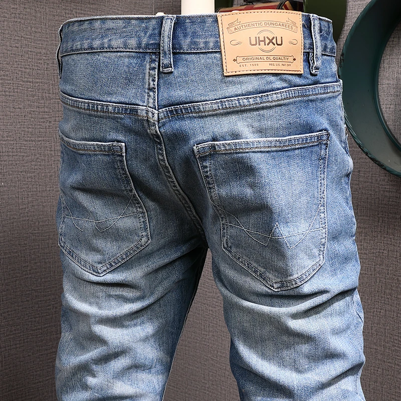 Italian Style Fashion Men Jeans Retro Blue High Quality Elastic Slim Fit Ripped Jeans Men Trousers Vintage Designer Pants Hombre