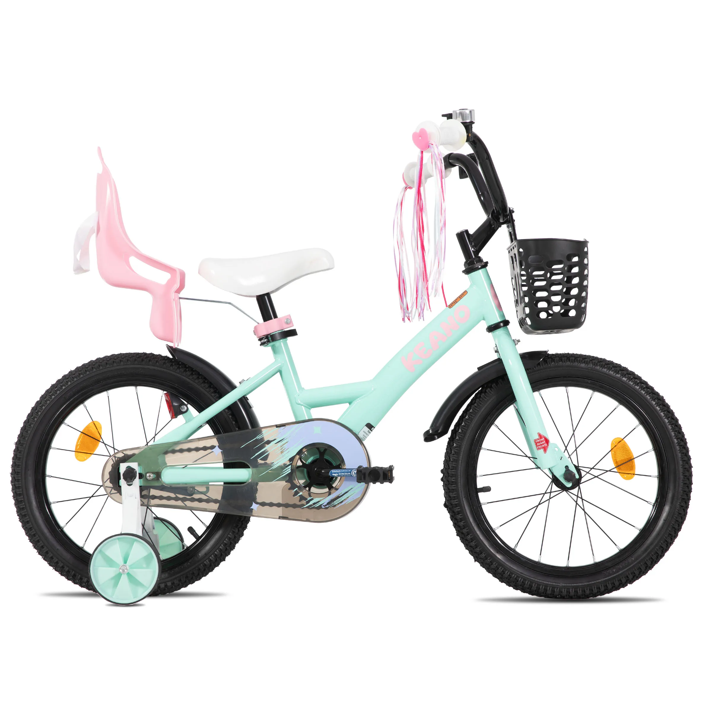KEANO 14 16 20 inch kinderfiets voor meisjes van 3 tot 10 jaar, meisjesfietsen met zijwieltjes, streamers, mand en poppenzitje