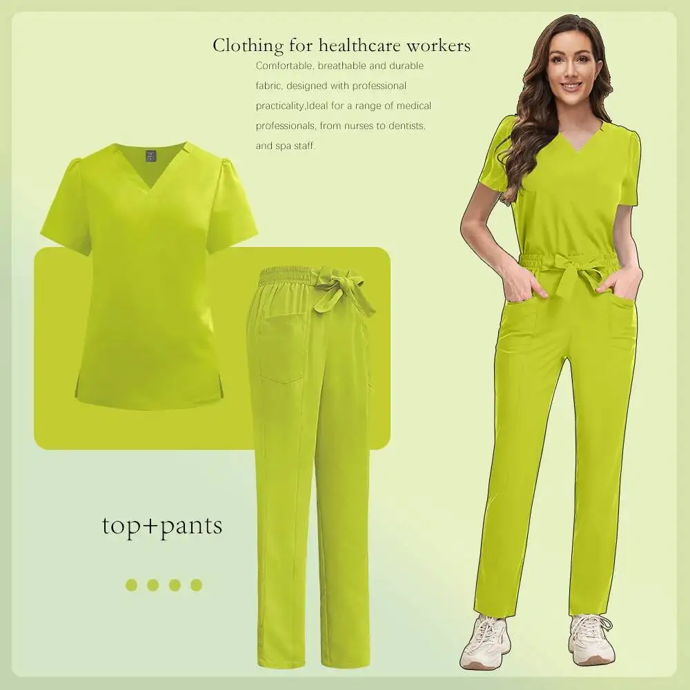 여성 의료 유니폼 V넥 상의 스트레이트 팬츠 병원 간호복 세트 스트레치 수술복 치과 의사 수의사 의사복