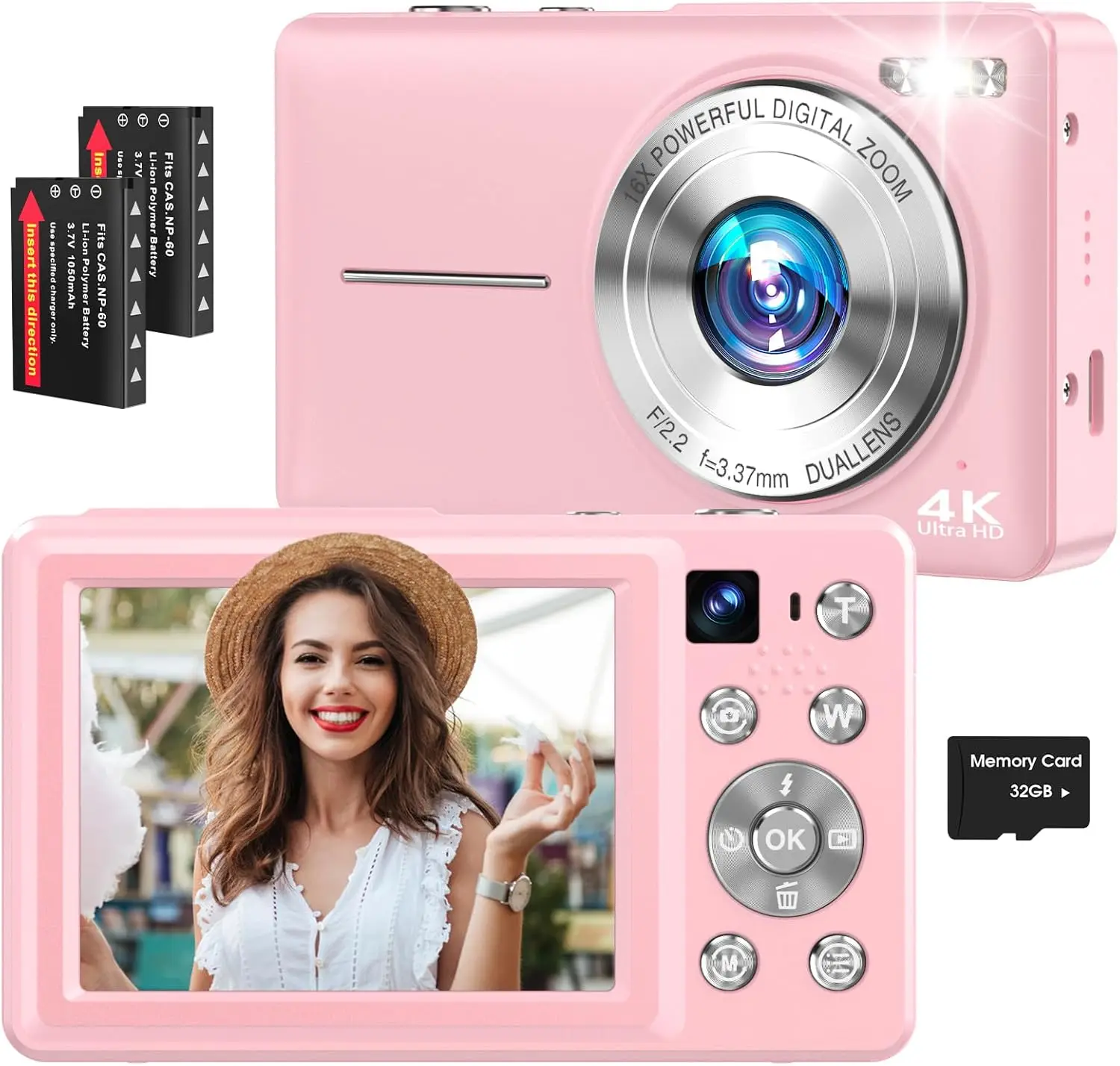 

4K Vlogging Camera with 64MP, Dual Lens, 16X Zoom, Anti-Shake, Includes 2 Batteries and 32GB Card in Pink for Beginners