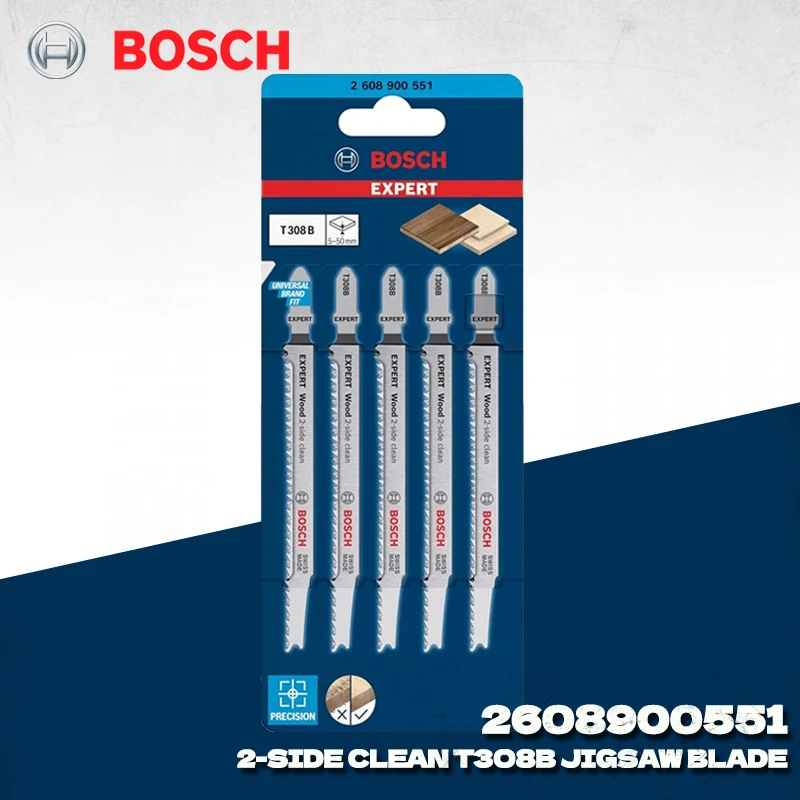 Bosch 2608900551 EXPERT T308B 117mm Jigsaw Blade 5Pcs, 2-side Clean Cutting for Solid Wood Board, Power Tool Accessory