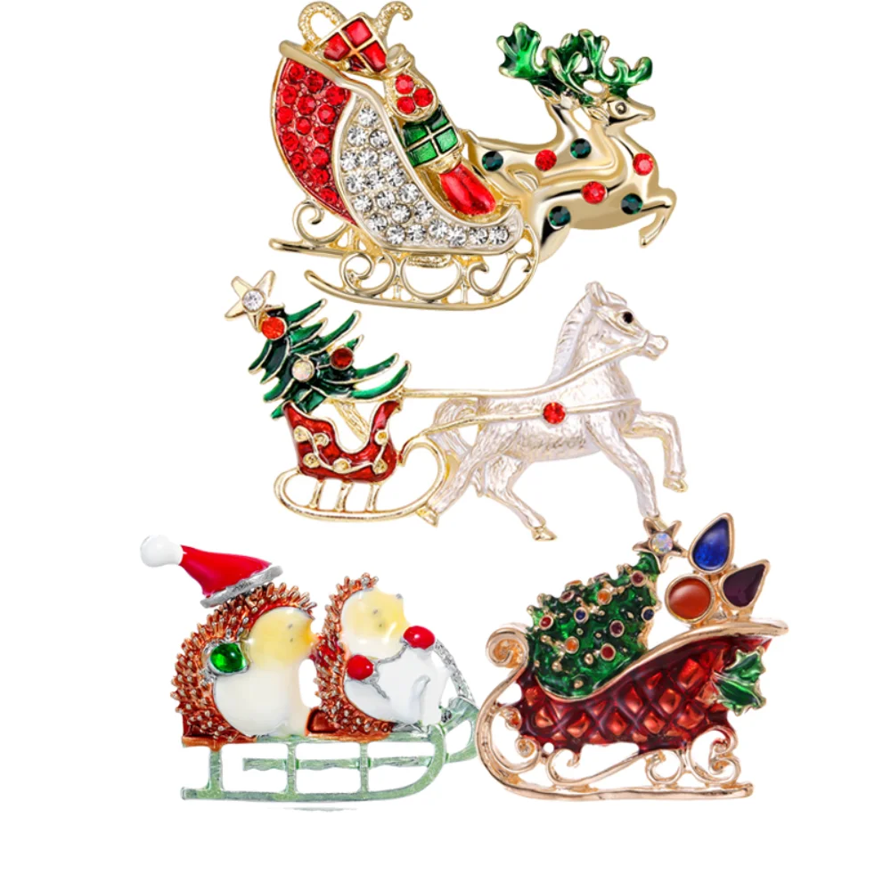 Christmas Tree Sled Chest Drip Oil Pin Christmas Carriage Hedgehog Sled Brooch Merry Christmas XMAS Pin Gift Clothing Decoration