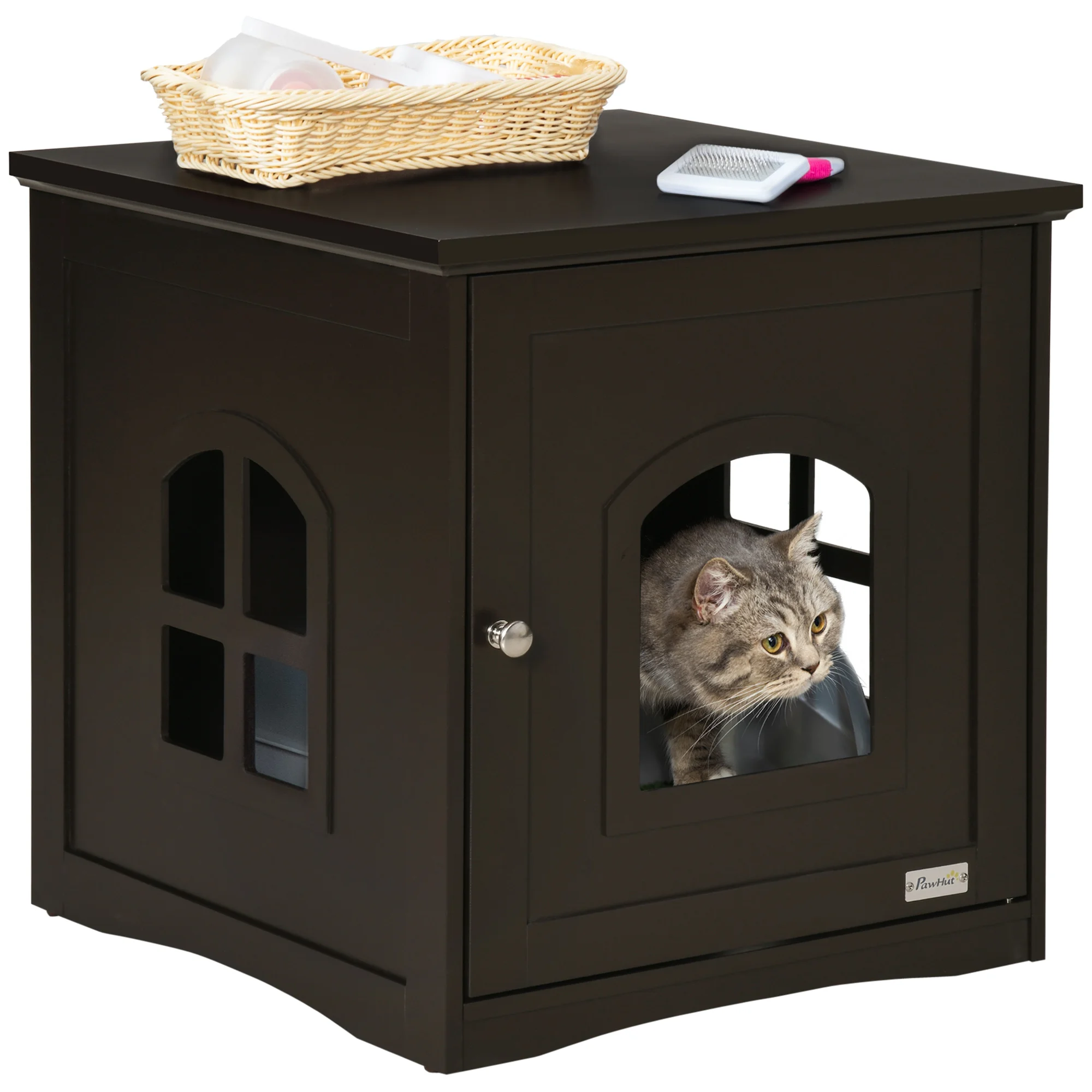 PawHut house cats wood storage cabinet 2 cross windows 48,7x53,3x53cm