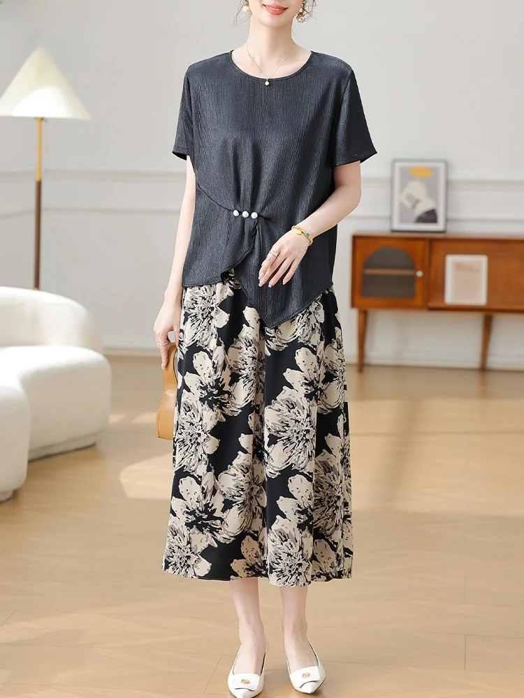

Ele Summer Outfit for Mommy in Her 50s Chiffon Top with ort Sves Wide Leg Pants Comfortable Loose Fit Faion Sle