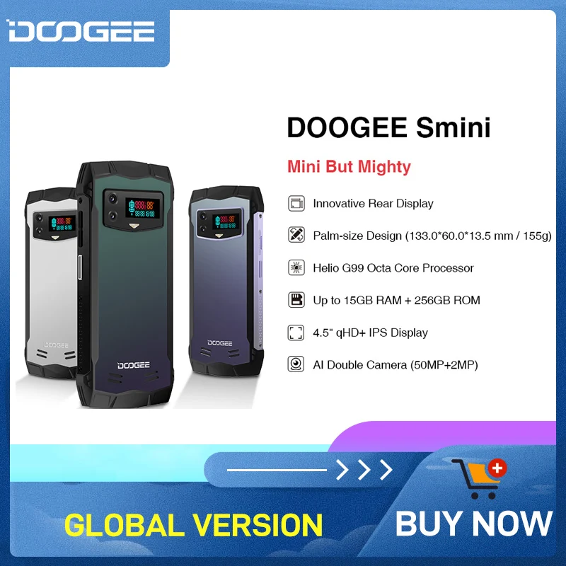 DOOGEE Smini 4.5 "qHD Display 50MP kamera Helio G99 8GB + 7GB perpanjangan RAM + 256GB ROM inovatif tampilan belakang pengisian daya 3000mAh 18W