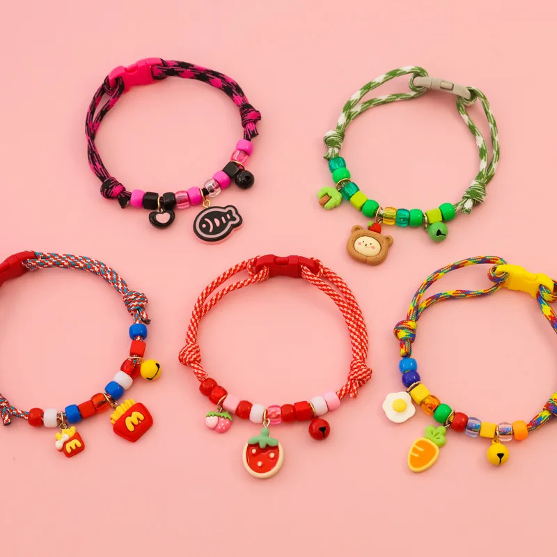 

Pet Cat and Dog Collar with Color-matched Braided Necklace, Adjustable, Cute Decoration of Strawberry, Hamburger and Fries.
