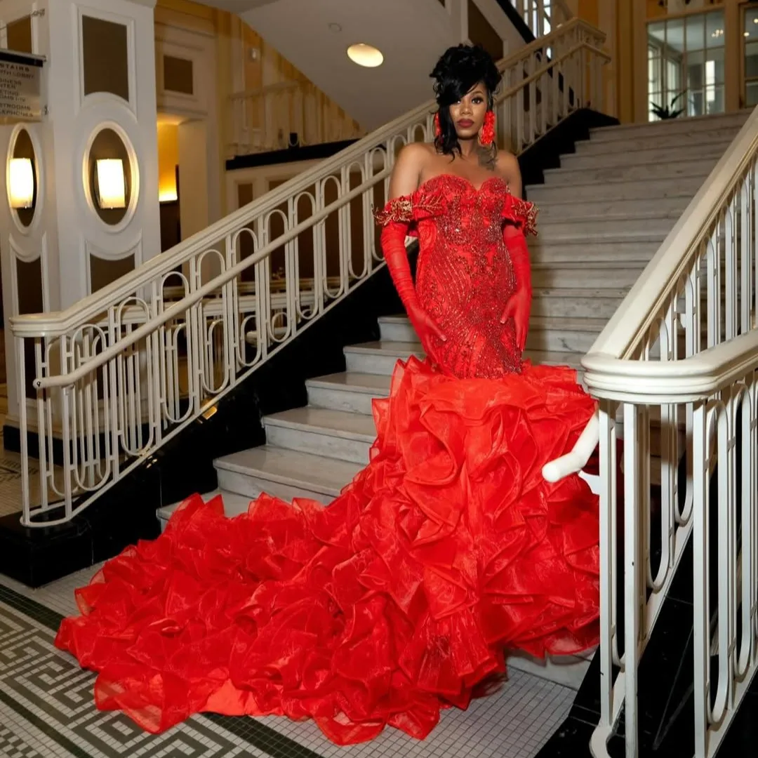 

Radia May Customized Red Luxury Mermaid Prom Dress 2026 Off Shoulder Beaded Ruffles African Party Gowns BP123