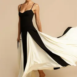 Black And White Patchwork Spaghetti Strap Drape Pleated Maxi Dress Show Style Women Fashion Splicing Sexy Elegant Party Dresses