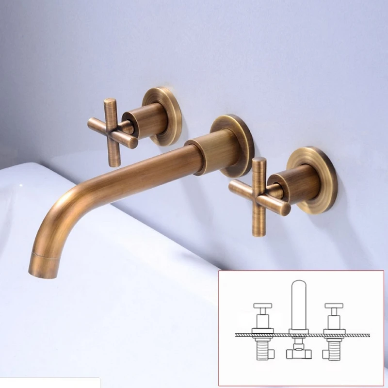 

Antique Black Brass Bathroom Basin Faucet Concealed Wall Mounted Double Cross Handles Hot Cold Sink Mixer Tap 360 Swivel Spout