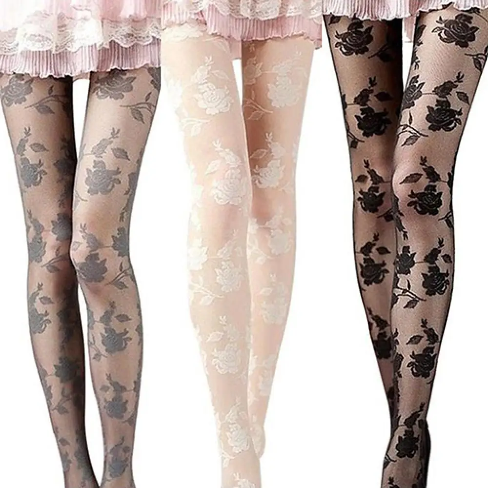 Women Stockings Fashion Rose Pattern Tight Lace Pantyhose Sexy See-through Stockings Shiny Stretchy Black White Goth Party Tight