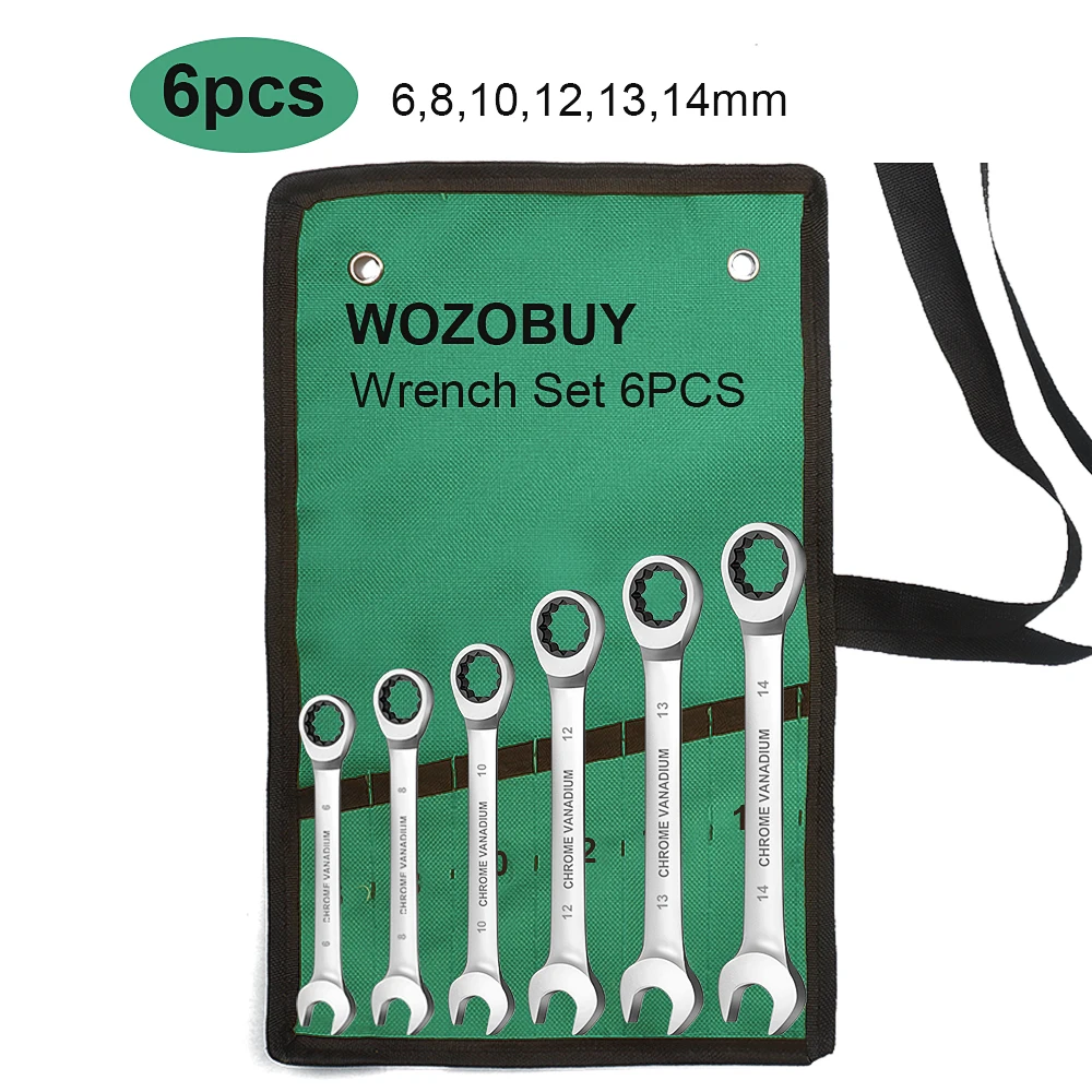 WOZOBUY Ratschenschlüssel-Set, Zahnradring, Ratschen-Maulschlüssel-Set, metrischer flexibler Kopf mit Canvas-Tasche