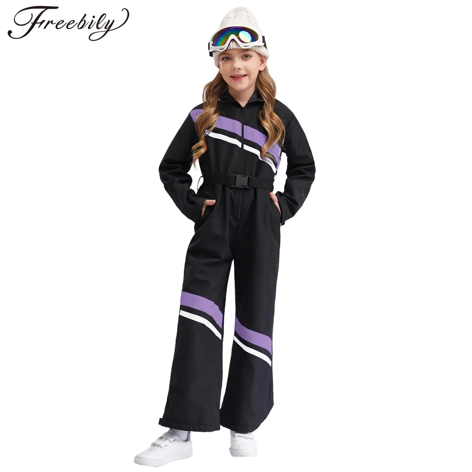 Kids Girls Hooded Ski Jumpsuit Long Sleeve Zipper Color Block Bodysuit with Belt Skating Snowboarding Climbing Overalls Playsuit