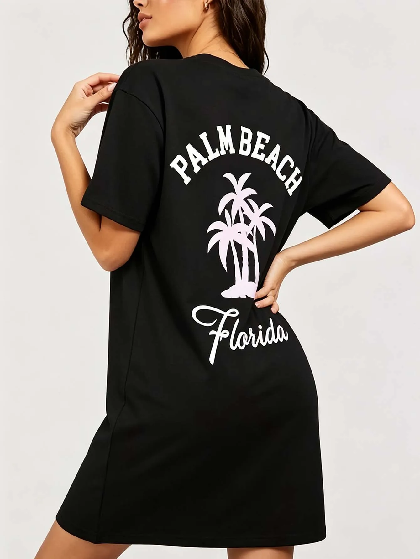 Women's pink coconut tree and PALMBEACH letter print short-sleeved dress, for casual summer wear