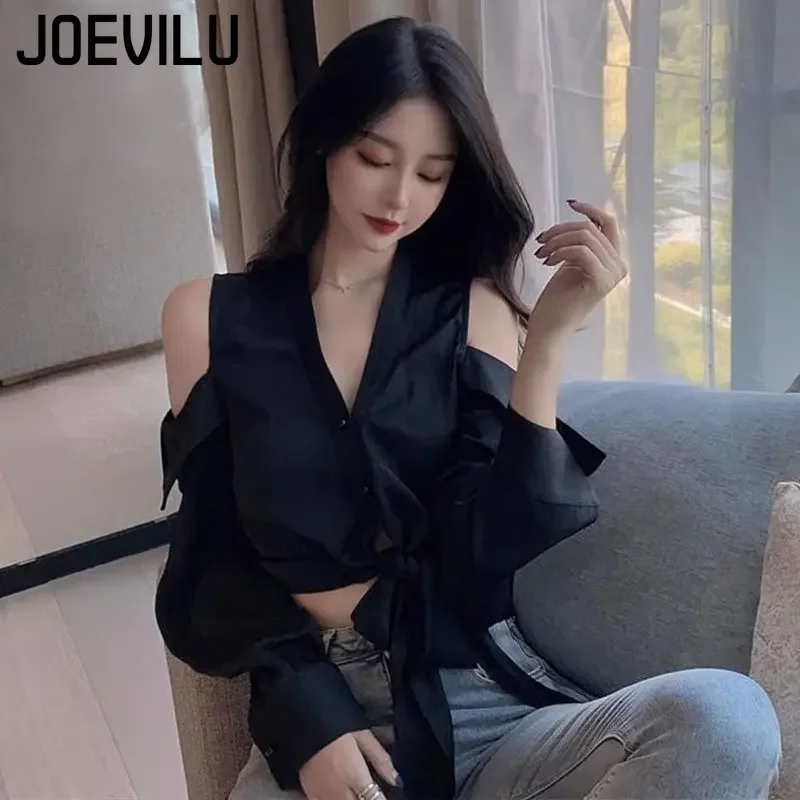 Off Shoulder V-neck Shirt Chic Lace Up Long Sleeve Crop Top French Sexy Blouse Women Korean Style Spring and Summer Elegant Tops