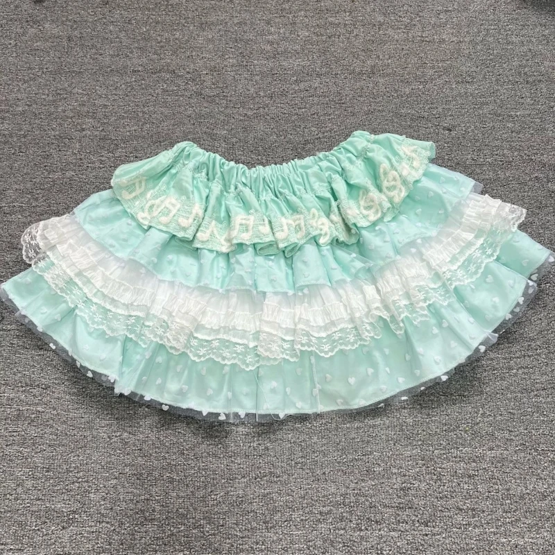 Handmade Harajuku Y2K Kawaii Cute Musical Note Lace Ruffle Tiered Mint Green Cake Mini Skirt Women Girls Daily Wear Party Outfit
