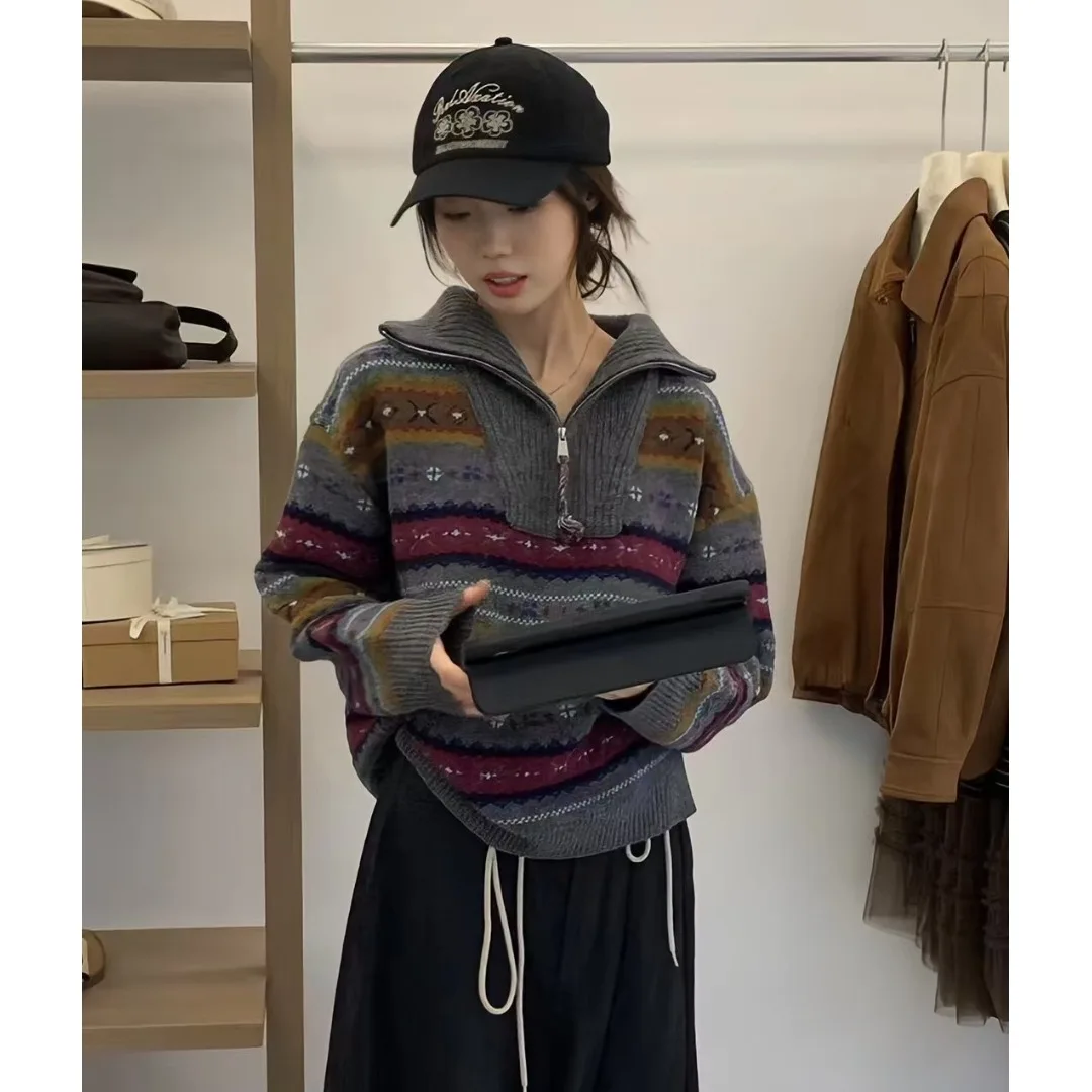 الكورية Sle عالية الياقة سترة المرأة فضفاضة كسول محبوك f سستة الخريف الشتاء جديد Faion شبكة سترة للسيدات #5