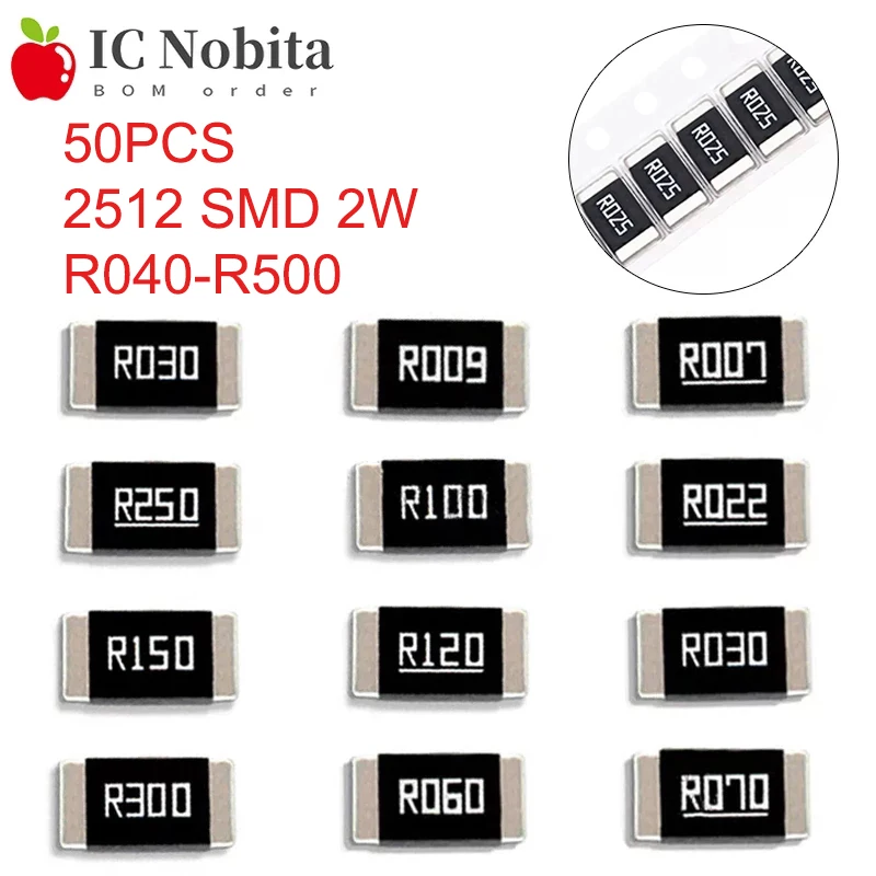 50 SZTUK 2512 SMD 2W 1% Rezystancja rezystora stopowego R040 R050 R060 R070 R100 R120 R150 R200 R250 R300 R500