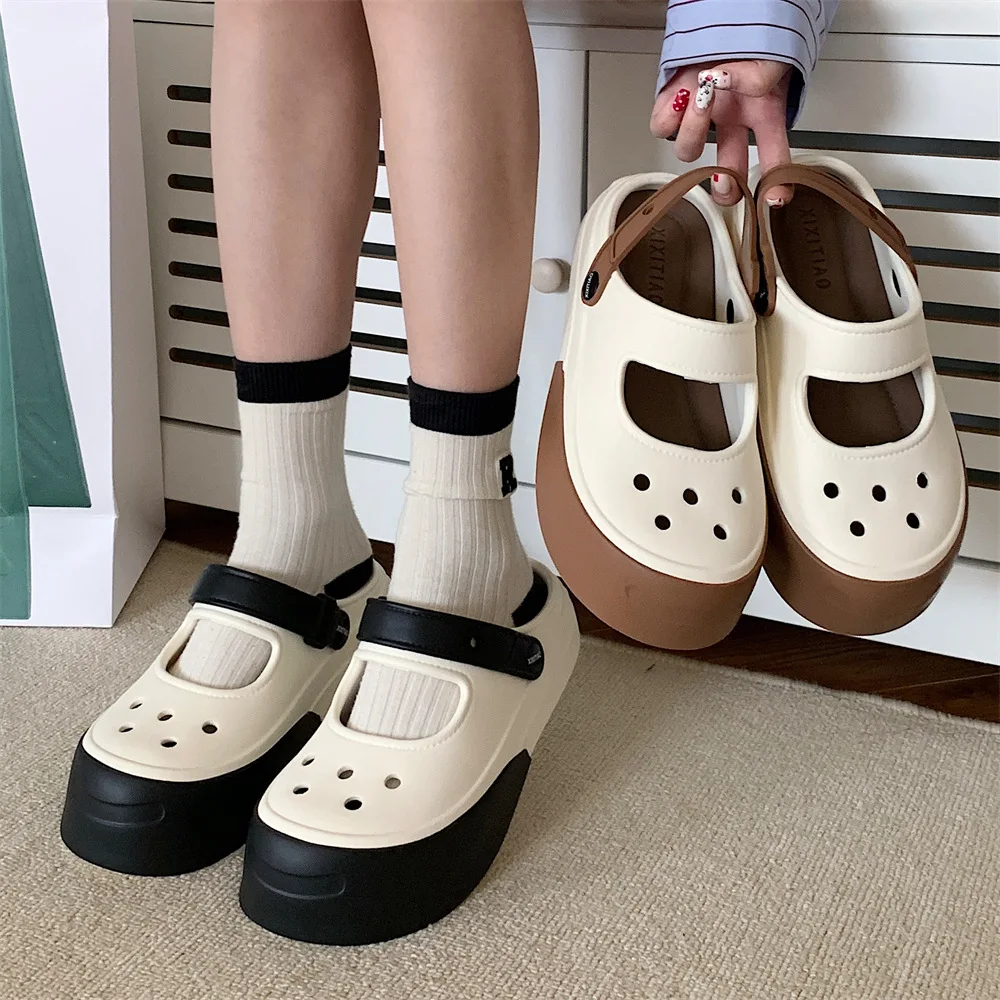 Mary Jane Summer New EVA Thick Sole Perforated Shoes Women Wearing Elevated Soft Sole DIY Solid Color Two Wear Home Slippers