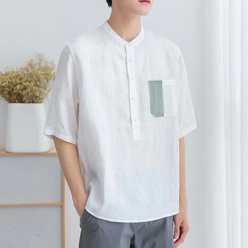 Chemise d'été en coton et lin pour homme, col montant, patchwork décontracté, manches courtes, confortable, pull tout match, chemisier tout assressenti