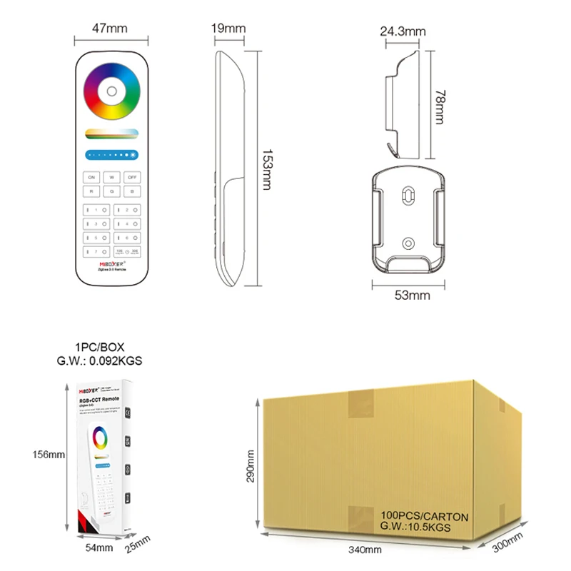 7 Zone RGB + CCT Remote Touch Key Dimmer Controller Compatible MiBOXER Zigbee 3.0 Series Product; Max Controllable Light 25 Pcs