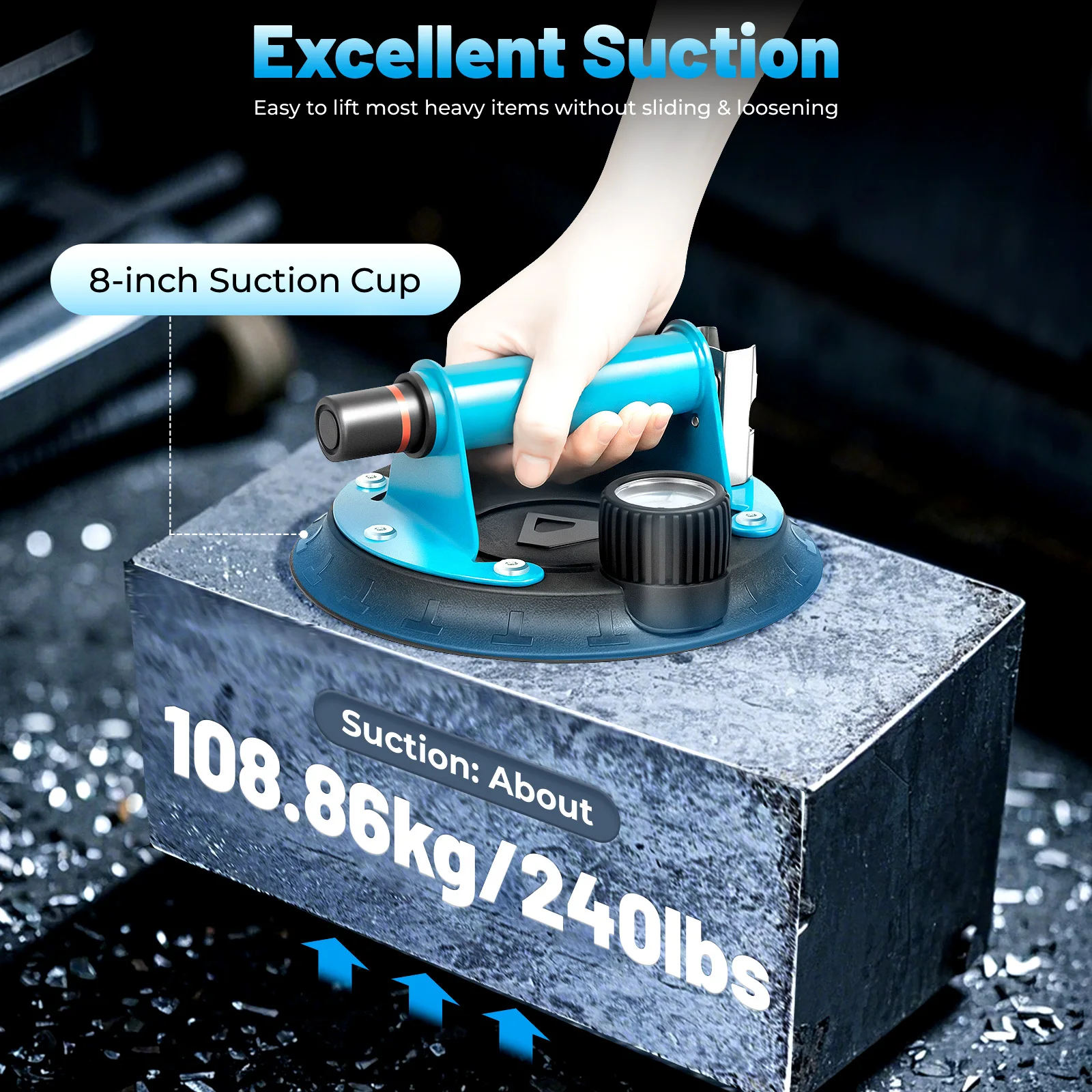 

8Inch Vacuum Concave Suction Cup 240lbs Load Capacity for Lifting Glass Granite Tiles with Safety Indicator Easy Clean