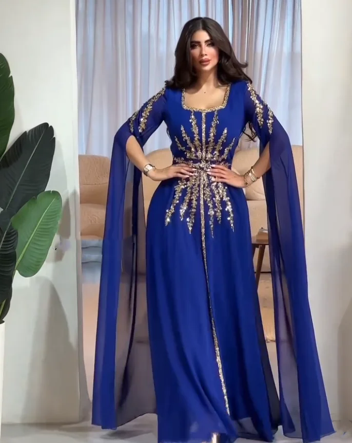 Customized  Blue Luxury Dubai Evening Dresses With Placket Sleeves Long Women's Prom Dresses vestidos de fiesta