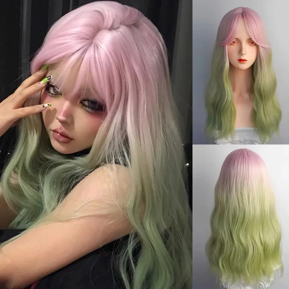 

Ombre Pink Green Green Long Wavy Women Synthetic Wig with Bangs Lolita Style Cosplay Fluffy Heat Resistant Wig for Daily Party