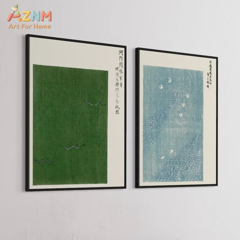 AZNM Vintage Japanese Woodblock Canvas Wall Art Green Blue Abstract Wave Bird Calligraphy Print Wabi Sabi Home Decor Unframed