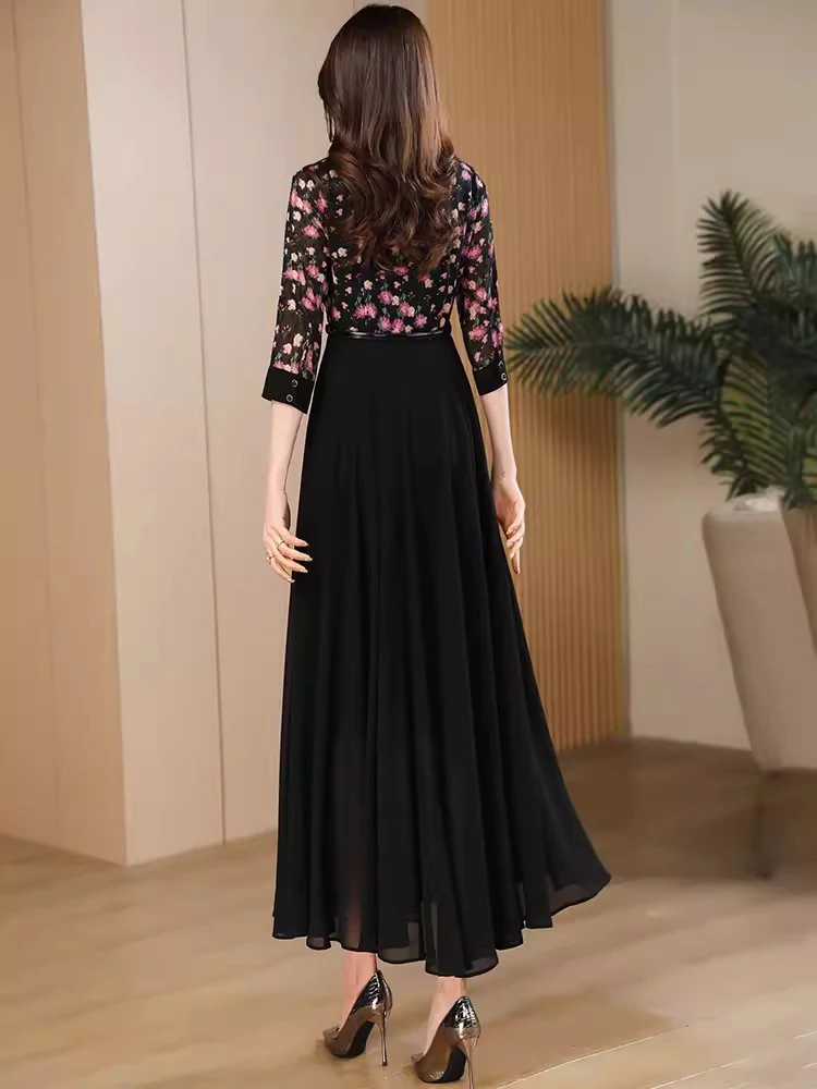 New Women Spring Summer Floral Chiffon Dress Fashion Shirt Collar Print Patchwork Slim Long Dress Elegant Flowing Mid-Calf Dress