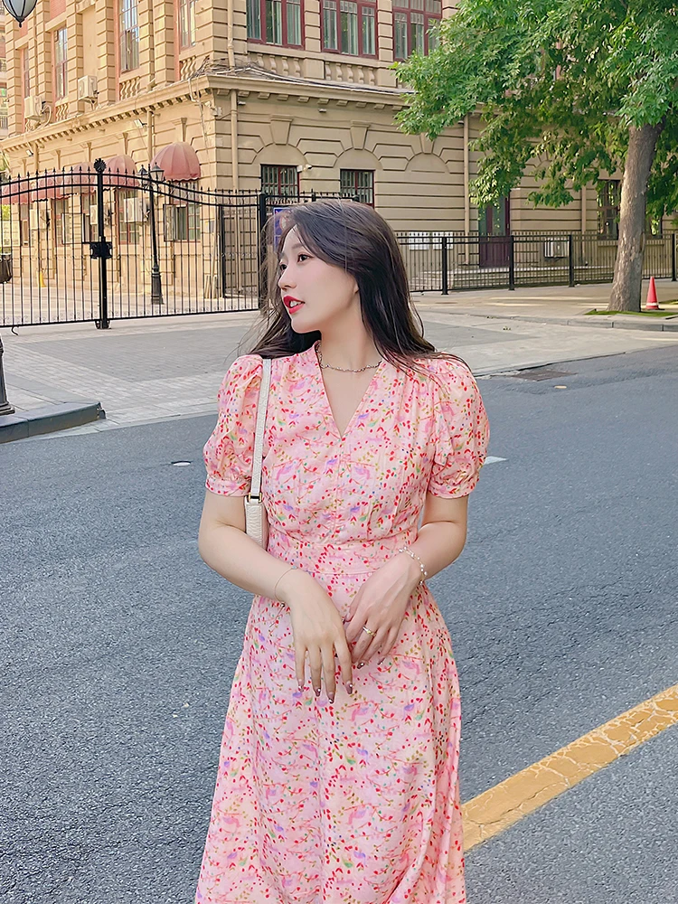 

plus Size Floral Print Summer Dr Bubble Sve Tea Break Skirt Women's Faion 2024 New Arrival V-Ne High Waist A-Line D...