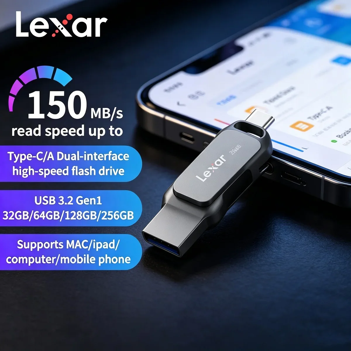 Lexar USB3.2 Type-C USB Flash Drive Original D400 Pen Drive for Phone and Computer 256gb 128gb 64gb 32gb Up to 130Mb/s Pendrive